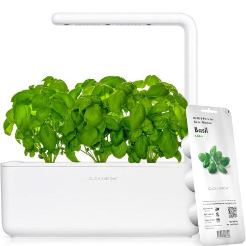 Click & Grow Smart Garden 3, featuring grow lights for indoor houseplants, ideal for cultivating herbs in small spaces