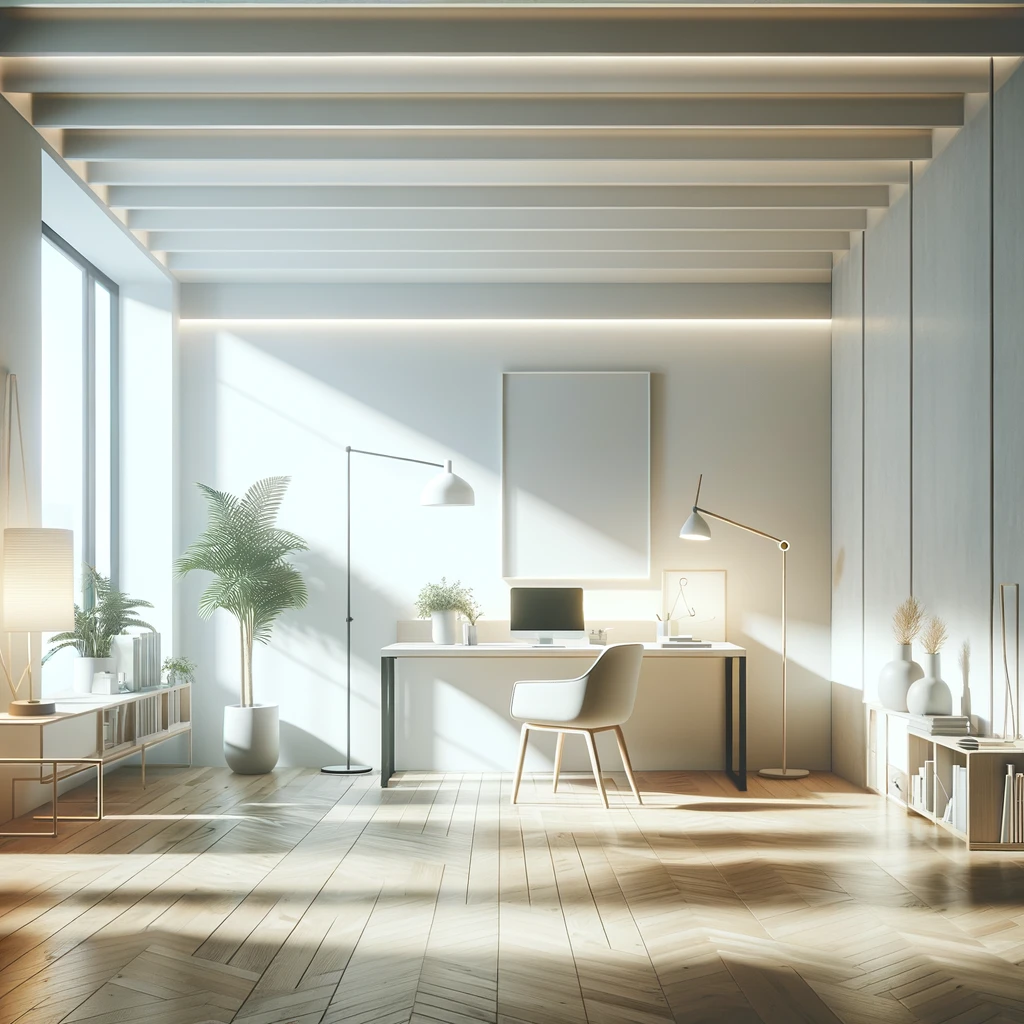 The image captures the essence of 'Minimalism Meets Functionality' with a significant focus on greenery, depicting a modern, minimalistic interior filled with natural light and complemented by sleek, functional furniture. The inclusion of abundant indoor plants and green elements enriches the minimalist aesthetic, offering a tranquil and fresh atmosphere that beautifully merges nature with minimalist and functional design principles. Japandi Pendant Lights