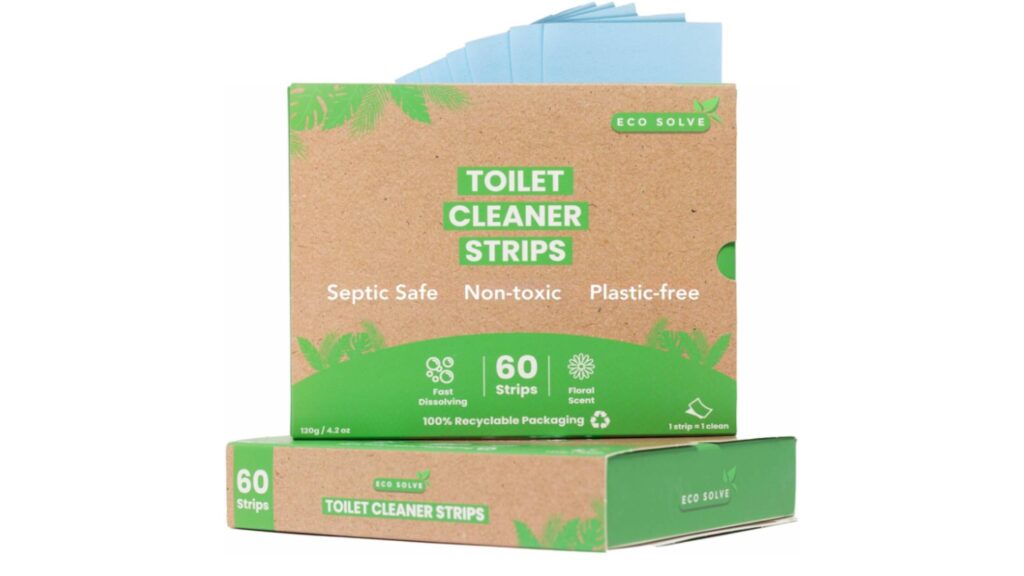 Our toilet cleaner strips are made using an all-natural, concentrated cleaning formula. Simply place a strip into your toilet bowl, wait 60 seconds for the strip to dissolve, scrub the toilet bowl thoroughly, and flush! NO splashing, NO squirting, NO mess! Eco Solve toilet cleaning strips will remove stains and deodorize your toilet bowl.