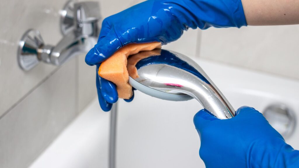 A meticulous cleaning of the water shower head of a clean jet bathtub, emphasizing care and maintenance for optimal performance.