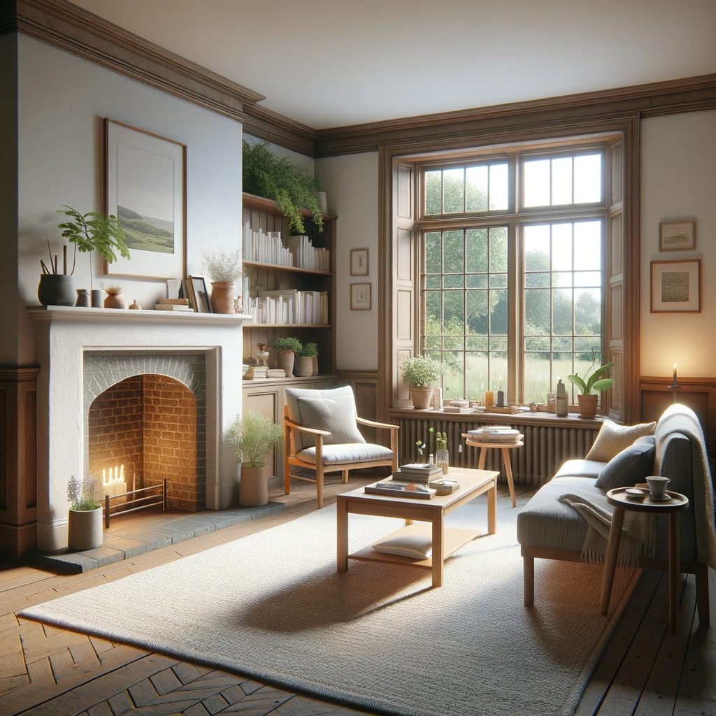 Cozy Living Through Winter's Chill photorealistic image of a simple and modest living room that feels cozy and lived-in. The room should have a comfortable vibe with a modest