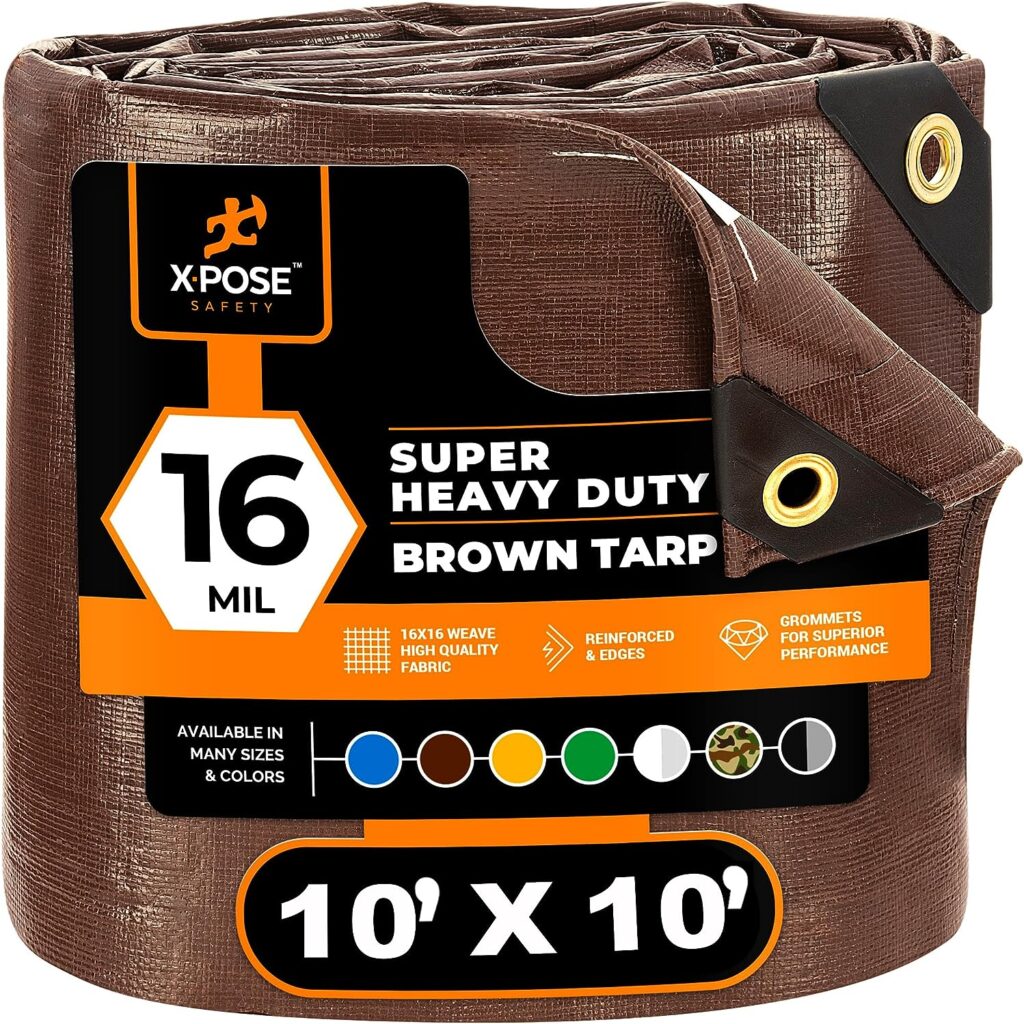 Durable, thick 16 mil brown poly tarpaulin, featuring waterproof, UV resistant, and rip and tear-proof capabilities, equipped with grommets and reinforced edges for secure and long-lasting outdoor use.