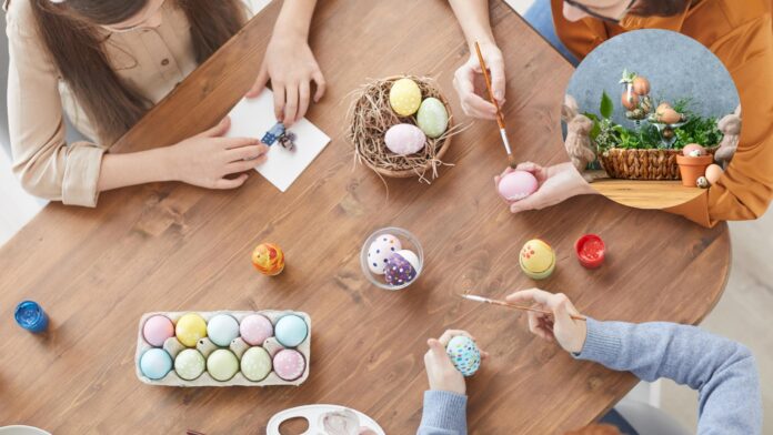 Colorful Easter decor on a living room table, including painted eggs, a floral centerpiece, and pastel accents, creating a festive spring atmosphere