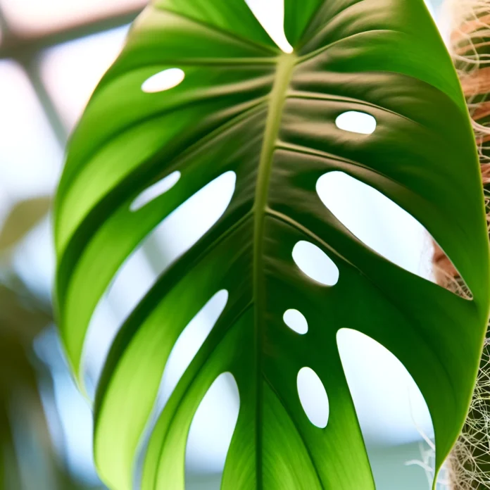 Close-up view of the thin, intricate texture of a Monstera Obliqua leaf, highlighted by its unique pattern of fenestrations, set against a blurred natural indoor garden setting.