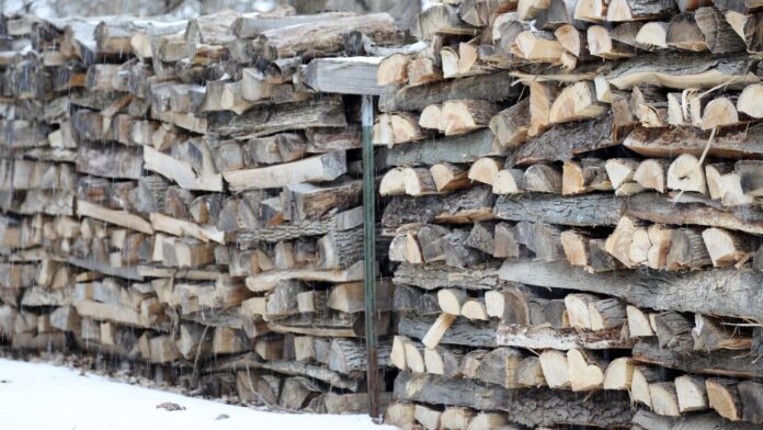 A neatly stacked cord of firewood, ready for use during the winter months, showcasing the preparation for colder weather.